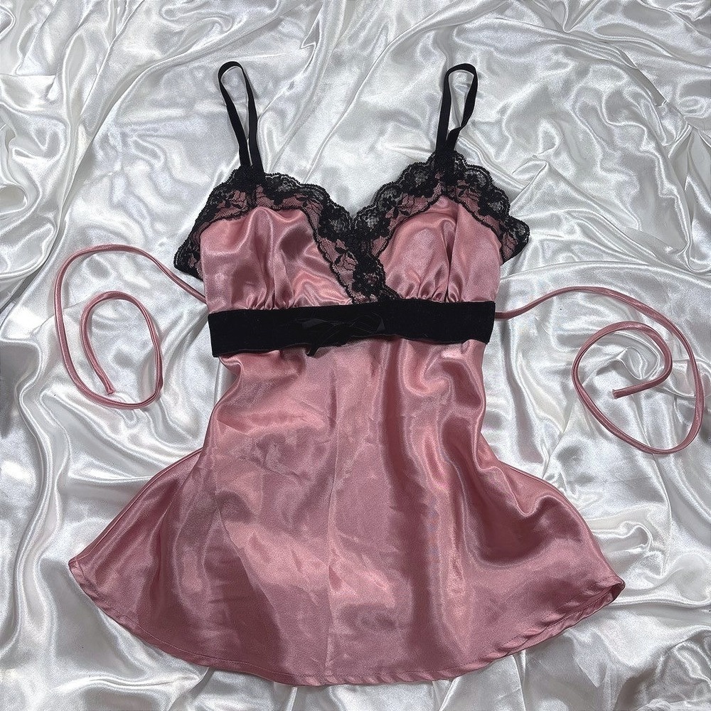 y2k Cami Top Pink Excellent Satin Lace Velvet Bow Coquette Heart Soul Small